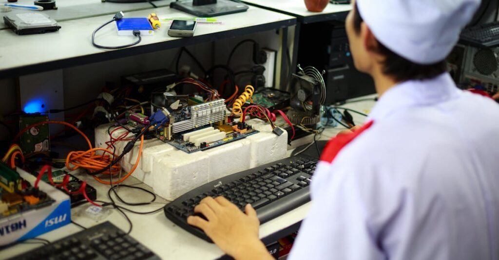A technician in uniform working on a motherboard at a desk in a laboratory setting.