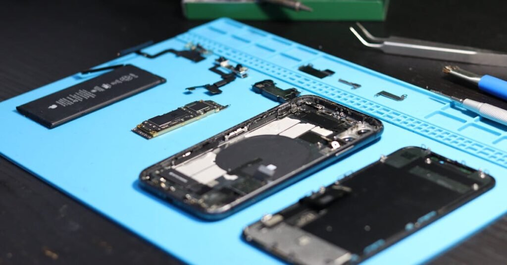 Disassembled smartphone with tools on a workbench, emphasizing repair and technology.