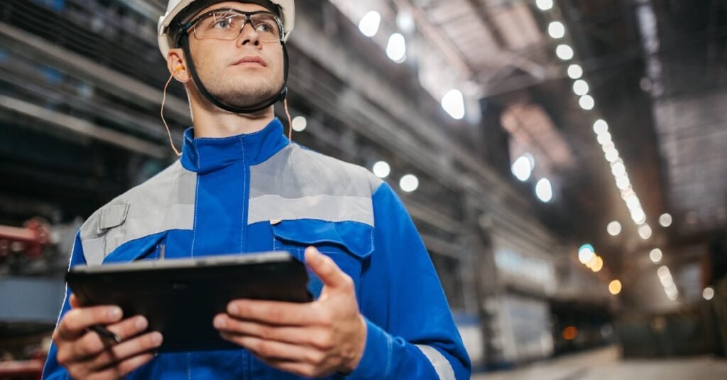 Factory worker in safety gear using a tablet in a well-lit industrial setting.