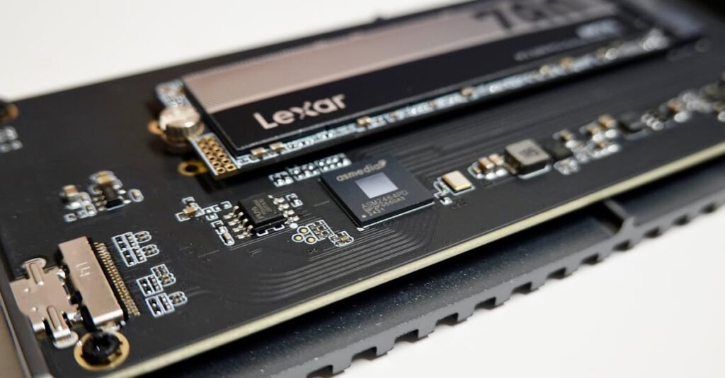 Detailed view of a Lexar NVMe SSD mounted on a circuit board, highlighting electronic components.