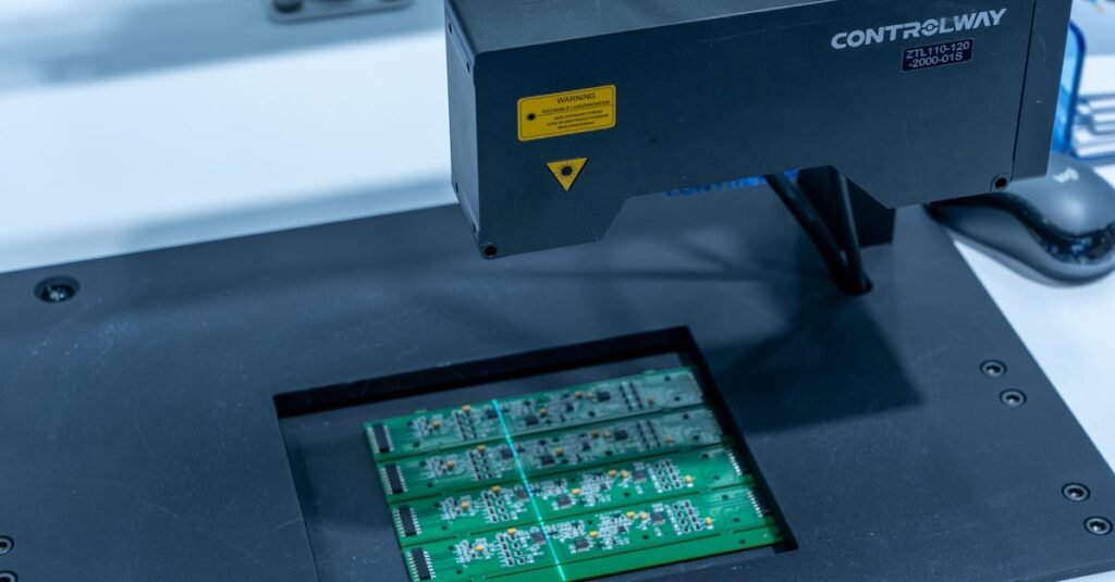 Close-up of a PCB inspection machine in action, highlighting technology.