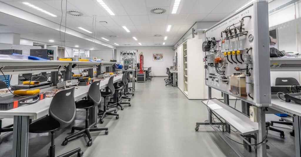 Spacious modern laboratory with workstations and equipment, ideal for scientific research and experiments.