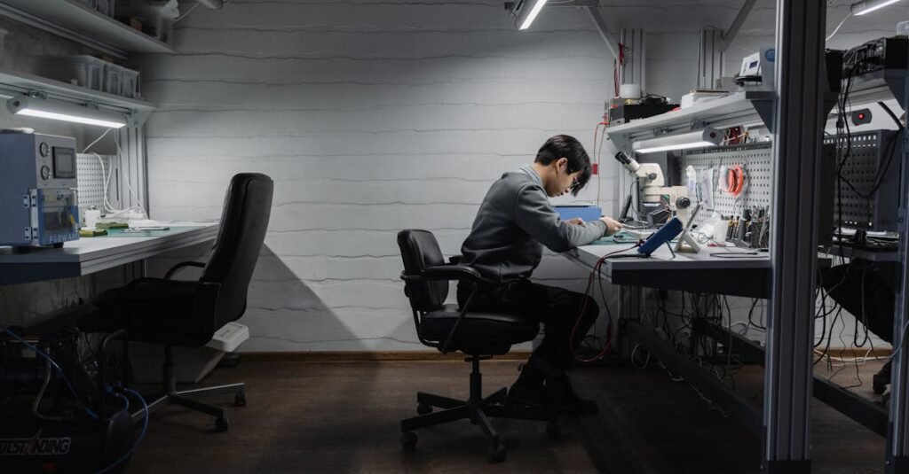 A man working on electronics at a well-lit workstation in an engineering lab.