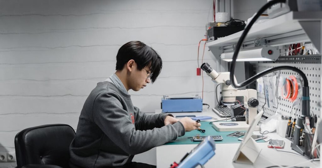 A young male engineer repairs electronics at a workshop desk with tools and equipment.