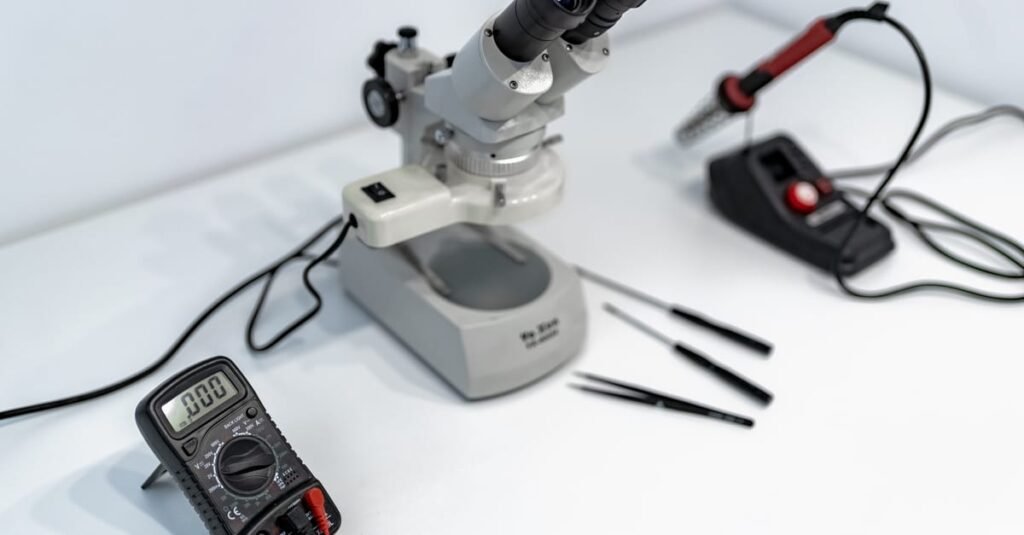 A laboratory workbench featuring a microscope, multimeter, and precision tools for scientific research.