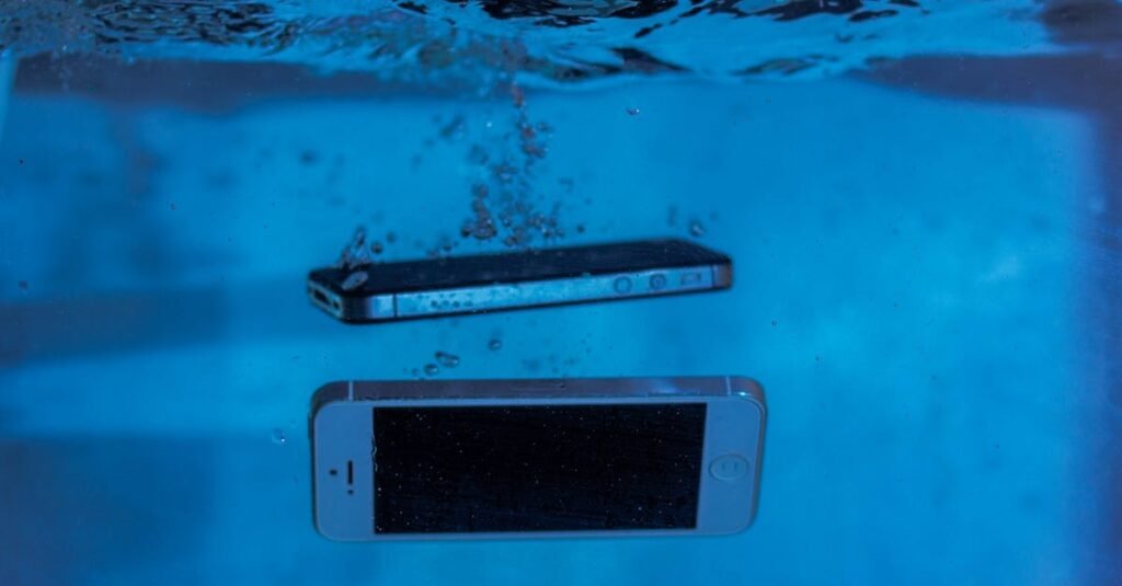 Two smartphones immersed underwater with bubbles, showcasing water-resistant test perspectives.