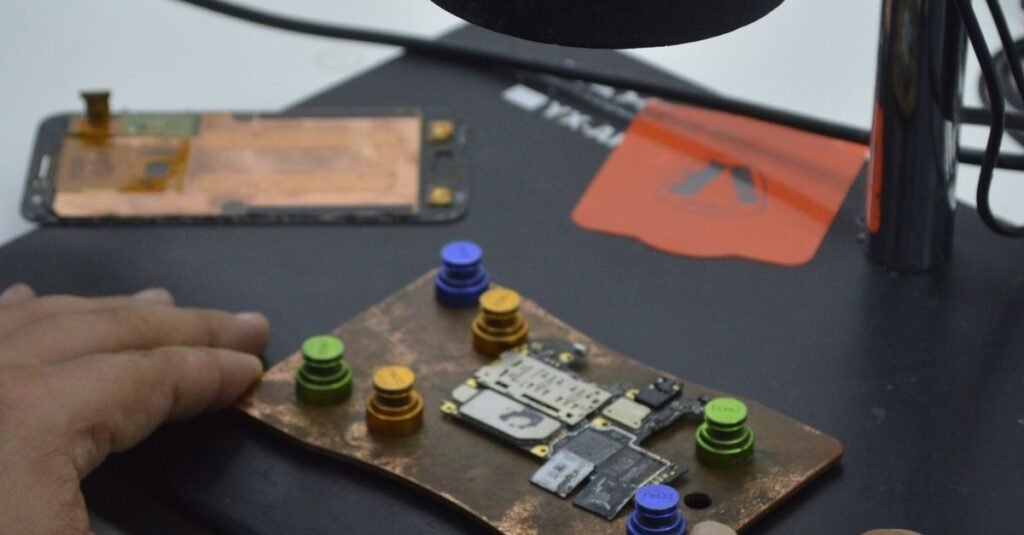 Close-up of hands working on a circuit board under a microscope in a tech lab.