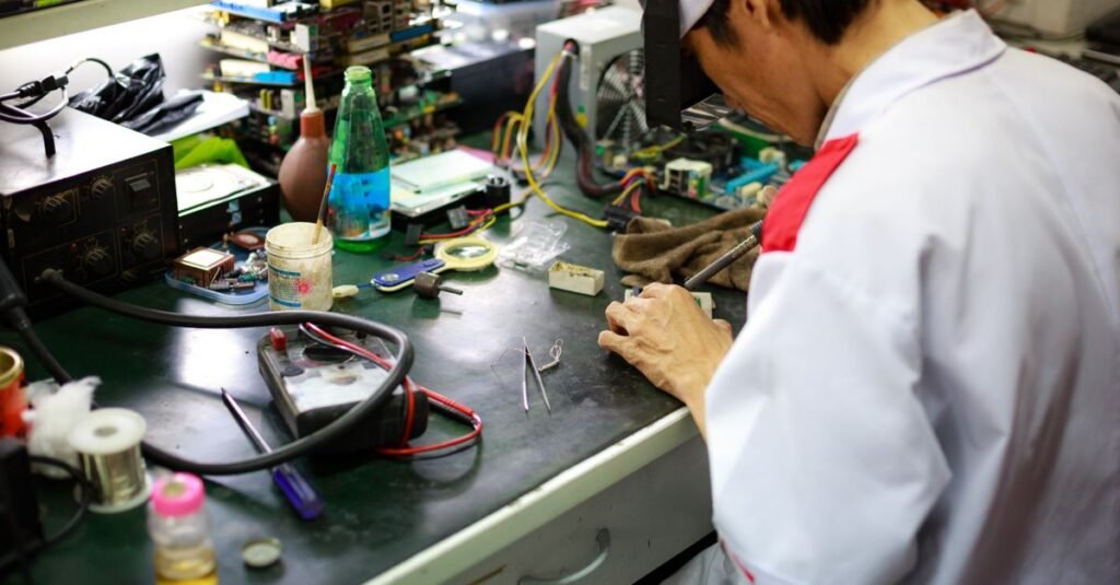 A skilled technician focuses on repairing electronic components at a busy workbench.