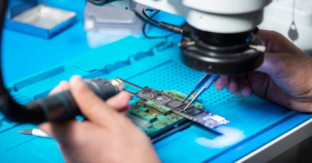 Close-up of technician repairing electronic circuit board under a microscope in Toronto lab.