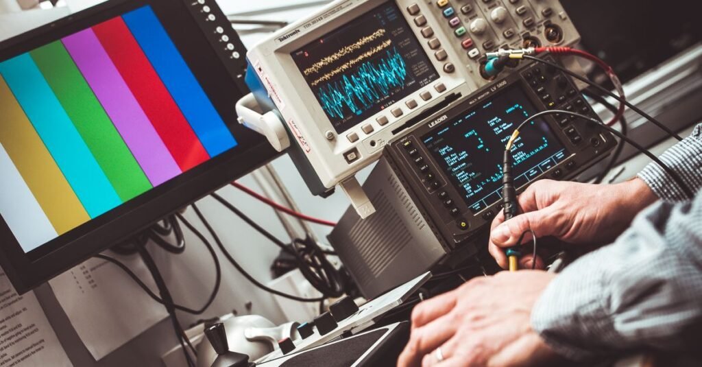 Technician operating laboratory electronic testing and measurement devices with colorful display.