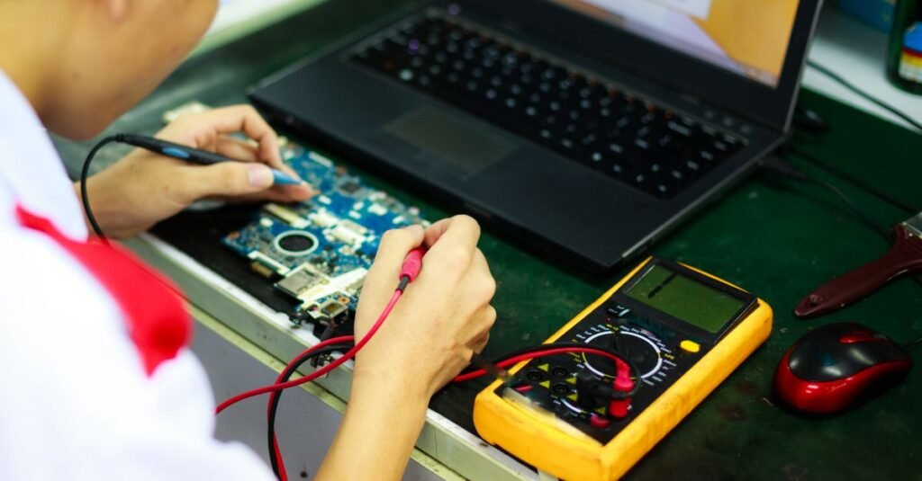 Technician working on a laptop with multimeter in a professional workspace.