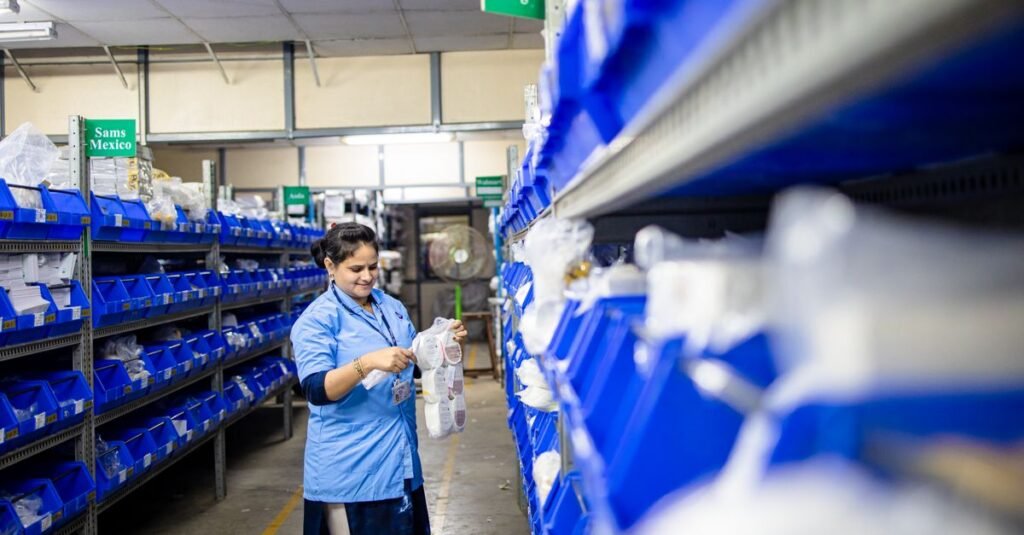 Female worker organizes shelves in a warehouse. Industrial setting with labeled storage bins.
