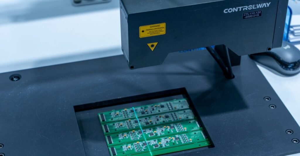 Close-up of a PCB inspection machine in action, highlighting technology.