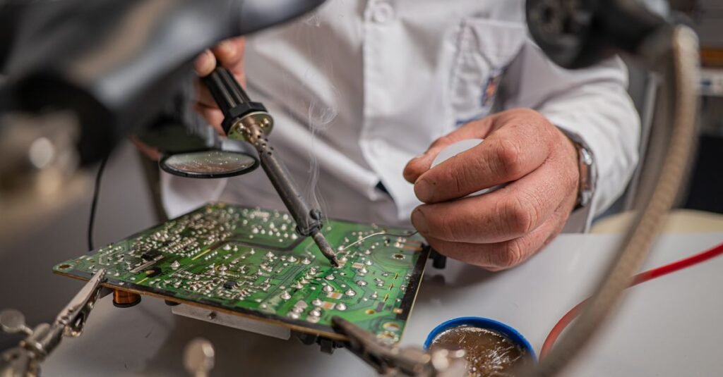Close-up of technician using soldering iron on a circuit board in a lab setting.