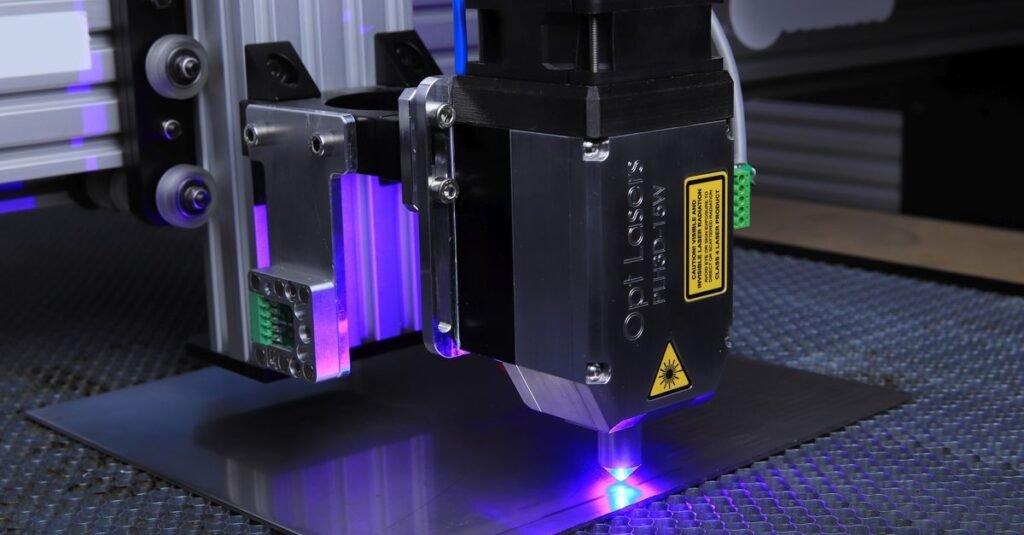 Close-up of a laser engraving machine operating on a metal surface with blue laser light.