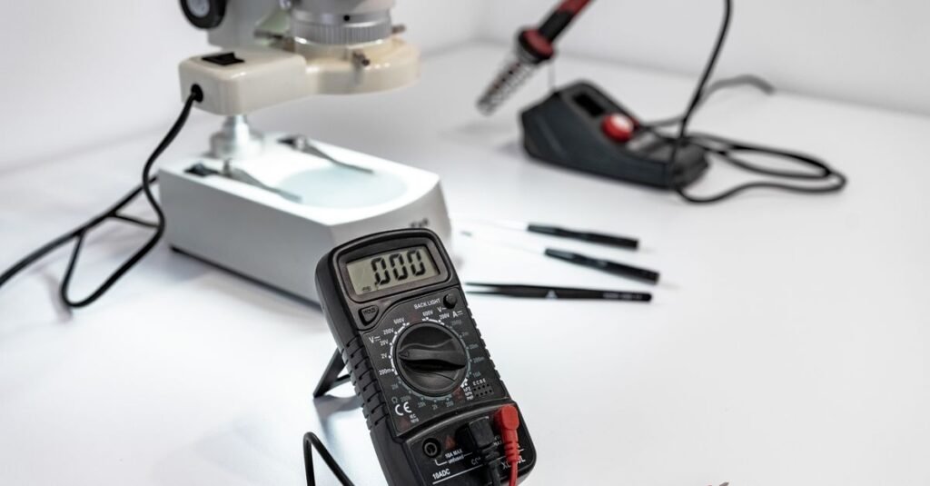 Electronics workbench with multimeter, microscope, and soldering iron.