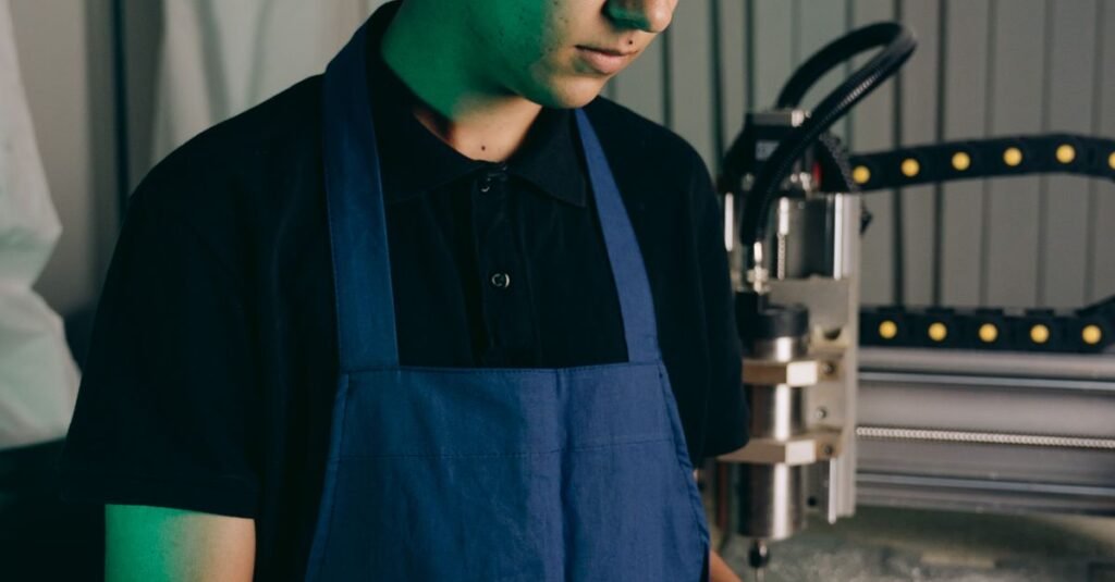 Asian male engineer working with machinery indoors wearing safety glasses and apron.